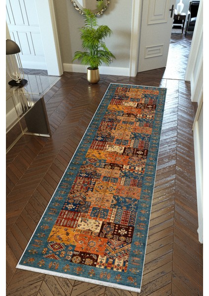 Yolluk Kilim Desenli Otantik Lacivert Kaymaz Kesme Yıkanabilir Ince Dijital Baskı Koridor Halısı
