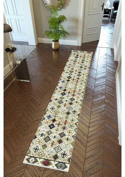 Yolluk Kilim Desenli Otantik Yeşil Kaymaz Kesme Yıkanabilir Ince Dijital Baskı Koridor Halısı