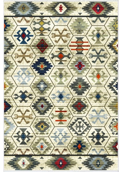Yolluk Kilim Desenli Otantik Yeşil Kaymaz Kesme Yıkanabilir Ince Dijital Baskı Koridor Halısı