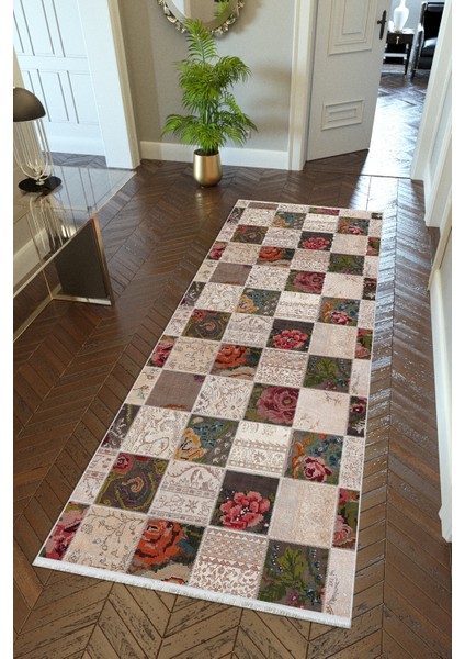 Yolluk Bej Kaymaz Kesme Yıkanabilir Ince Dijital Baskı Koridor Halısı