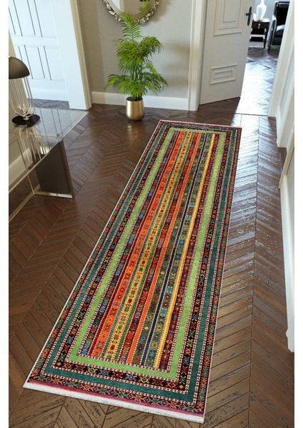 Yolluk Kilim Desenli Otantik Kahverengi Kaymaz Kesme Yıkanabilir Ince Dijital Baskı Koridor Halısı