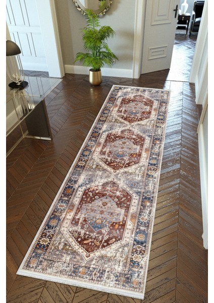 Yolluk Otantik Kahverengi Kaymaz Kesme Yıkanabilir Ince Dijital Baskı Koridor Halısı