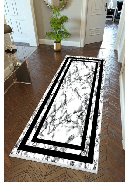 Yolluk Çerçeve Mermer Siyah Beyaz Kaymaz Kesme Yıkanabilir Ince Koridor Halısı