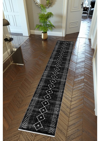 Yolluk Otantik Siyah Kaymaz Kesme Yıkanabilir Ince Dijital Baskı Koridor Halısı