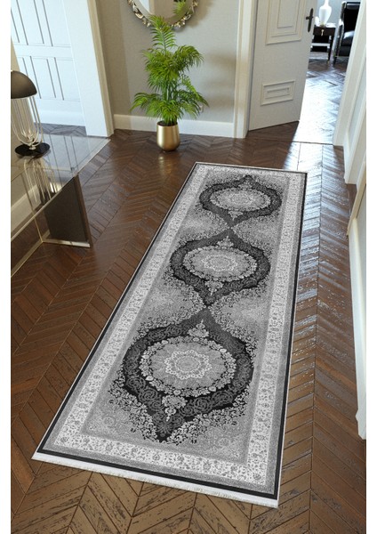 Yolluk Klasik Gri Kaymaz Kesme Yıkanabilir Ince Dijital Baskı Koridor Halısı