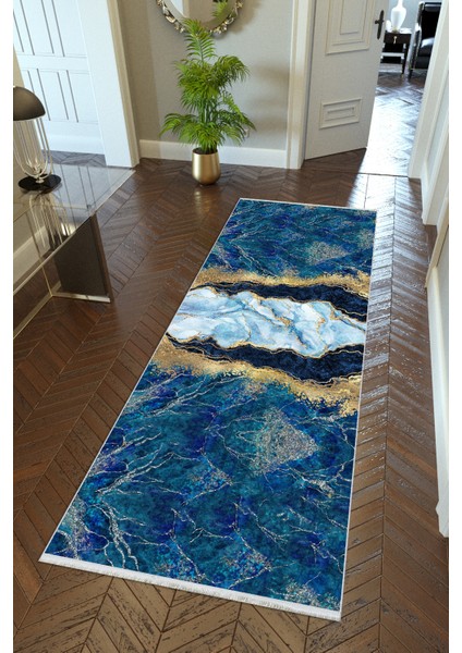 Yolluk Taş Mermer Gold Mavi Altın Kaymaz Kesme Yıkanabilir Ince Dijital Baskı Koridor Halısı