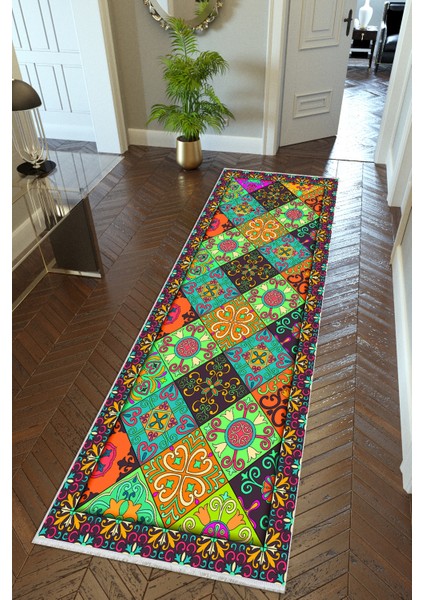 Yolluk Otantik Mavi Kaymaz Kesme Yıkanabilir Ince Dijital Baskı Koridor Halısı