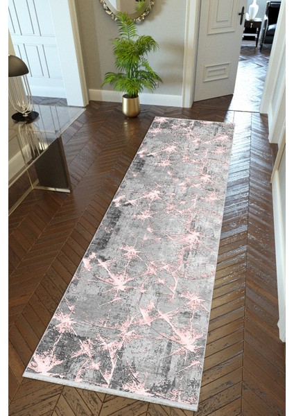 Yolluk Gri Pembe Kaymaz Kesme Yıkanabilir Ince Dijital Baskı Koridor Halısı