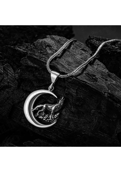 925 Ayar Gümüş Ay Içinde Uluyun Bozkurt Kolye