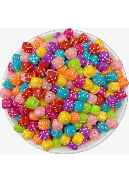 8mm Renkli Zar Model Küp Boncuk, Karışık Renkli Küp Zar Takı Boncuğu (25 Gr, ~45 Adet)
