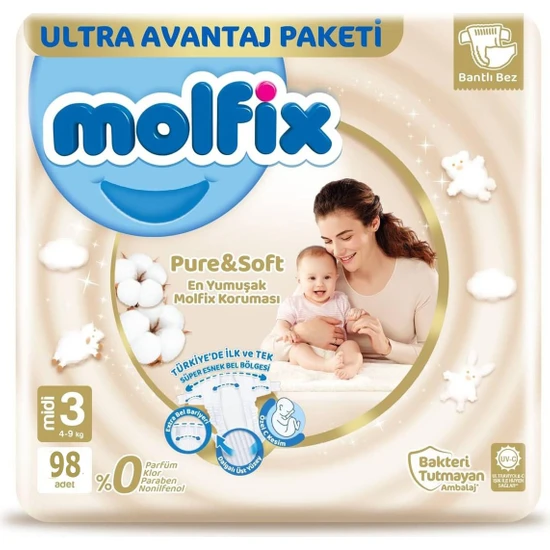 Molfix Pure Soft 3 Beden Midi 98'li Bebek Bezi