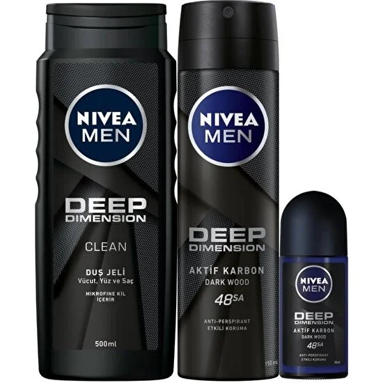 Nivea Men Deep Dimension Duş Jeli 500 ml + Sprey Deodorant 150 ml + Roll-On Deodorant 50 ml