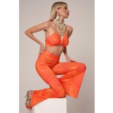 Elif Töngel Özel Tasarım Renkli Dijital Baskılı Ispanyol Paça Pantolon Crop Takım-Oranj