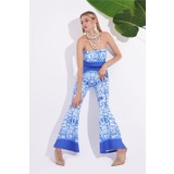 Elif Töngel Mavi Beyaz Dijital Baskılı Ispanyol Paça Pantolonlu Büstiyer Straplez Takım-Mavi - Beyaz