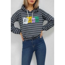 Kapüşonlu Welcome Baskılı Ince Çizgili Sweatshirt Antrasit