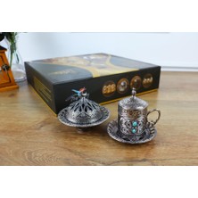 Evim Tatlı Evim Nostaljik Kristal Taşlı Tepsili Türk Kahvesi Fincan Takımı Antik Nikel