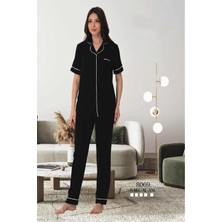 Effortt Siyah Önden Düğmeli Kadın Pijama Takımı