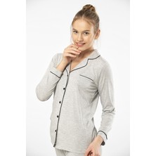 Türen 3365 Kadın Uzun Kollu Gömlek Yaka Pijama Takım-Gri