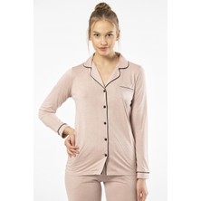 Türen 3365 Kadın Uzun Kollu Gömlek Yaka Pijama Takım-Pudra