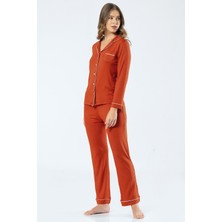 Türen 3359 Kadın Uzun Kollu Gömlek Yaka Pijama Takım-Kiremit