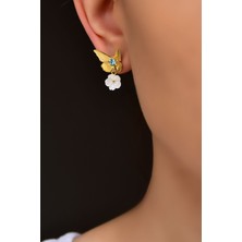 Papatya Silver 925 Ayar Gümüş Gold Kaplama Taşlı Kelebek , Sedef Manolya Çiçeği Küpe