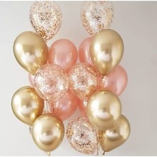 Bal10 Dünyası Krom Gold - Rose Gold Metalik - Konfetili Şeffaf Balon Set