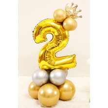 Bal10 Dünyası Gold Renk 2 Yaş Krom Gold-Gümüş Renkler Altın Taçlı Balon Seti