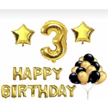 Bal10 Dünyası Gold 3 Yaş Happy Bırthday Folyo Balonlu Yıldızlı Set