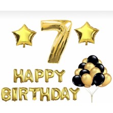 Bal10 Dünyası Gold 7 Yaş Happy Bırthday Folyo Balonlu Yıldızlı Set