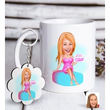 BK Kişiye Özel Bayan Doğum Günü Karikatürlü Beyaz Kupa ve Anahtarlık Hediye Seti-2