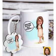 BK Kişiye Özel Kız Çocuk Kolay Yetişmiyor Karikatürlü Beyaz Kupa ve Anahtarlık Hediye Seti-1