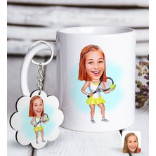 BK Kişiye Özel Bayan Tenis Oyunucusu Karikatürlü Beyaz Kupa ve Anahtarlık Hediye Seti-2