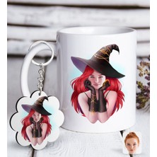 BK Kişiye Özel Bayan Cadı Karikatürlü Beyaz Kupa ve Anahtarlık Hediye Seti-2