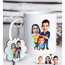 BK Kişiye Özel Aile Karikatürlü Beyaz Kupa ve Anahtarlık Hediye Seti-1