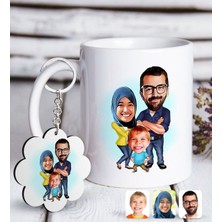 BK Kişiye Özel Tesettürlü Aile Karikatürlü Beyaz Kupa ve Anahtarlık Hediye Seti-1