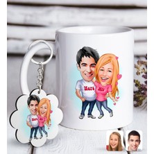 BK Kişiye Özel Sevgililer Karikatürlü Beyaz Kupa ve Anahtarlık Hediye Seti-5