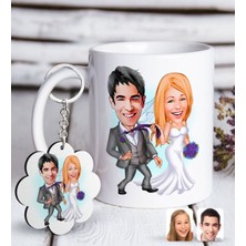 BK Kişiye Özel Evleniyoruz Karikatürlü Beyaz Kupa ve Anahtarlık Hediye Seti-6