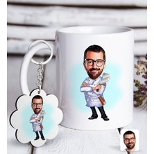 BK Kişiye Özel Erkek Kasap Karikatürlü Beyaz Kupa ve Anahtarlık Hediye Seti-1