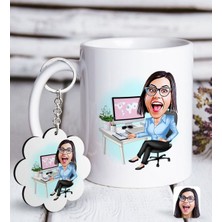 BK Kişiye Özel Bayan Genel Müdür Karikatürlü Beyaz Kupa ve Anahtarlık Hediye Seti-1