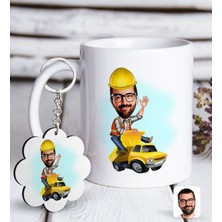 BK Kişiye Özel Erkek Yol Mühendisi Karikatürlü Beyaz Kupa ve Anahtarlık Hediye Seti-1