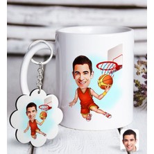 BK Kişiye Özel Erkek Basketbolcu Karikatürlü Beyaz Kupa ve Anahtarlık Hediye Seti-1