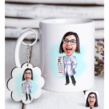 BK Kişiye Özel Bayan Göz Doktoru Karikatürlü Beyaz Kupa ve Anahtarlık Hediye Seti