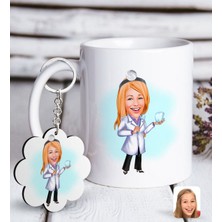 BK Kişiye Özel Bayan Diş Hekimi Karikatürlü Beyaz Kupa ve Anahtarlık Hediye Seti-1