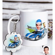 BK Kişiye Özel Erkek Rallici Karikatürlü Beyaz Kupa ve Anahtarlık Hediye Seti-1