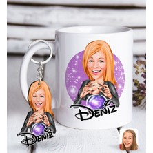 BK Kişiye Özel Kadın Astrolog Karikatürlü Beyaz Kupa ve Anahtarlık Hediye Seti-1