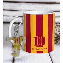 BK Kişiye Özel Sarı-Kırmızı Tasarımlı Kupa Bardak ve Formalı Metal Anahtarlık Hediye Seti Model 2