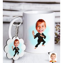 BK Kişiye Özel Çocuk Karateci Karikatürlü Beyaz Kupa ve Anahtarlık Hediye Seti-1