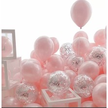 Best Parti Makaron Pembe Gümüş Konfetili Şeffaf Balon Seti 20 Adet