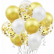 Best Parti Metalik Gold Pastel Beyaz Gold Konfetili Şeffaf Balon Seti 15 Adet