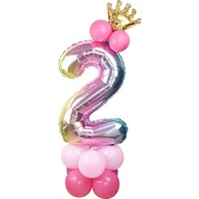 Best Parti 2 Yaş Gökkuşağı Renkleri Rakam Balon Altın Taçlı 2 Rakamlı Balon